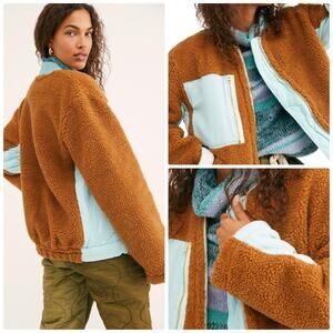 Free People Womens We the Free Rivington Sherpa Ribbed Neckline Brown Jacket NEW
